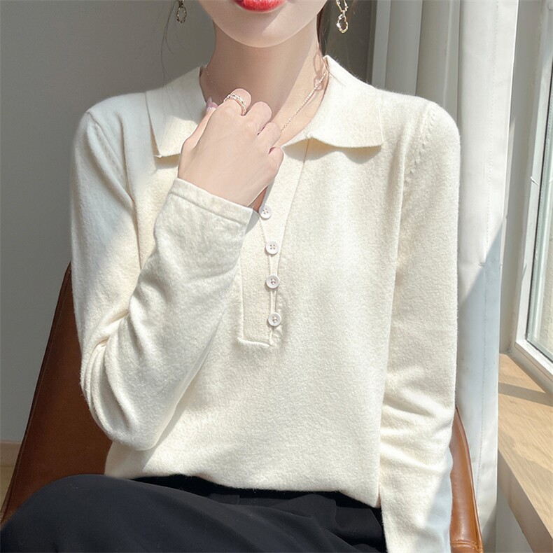 秋季新款女装纯色长袖针织衫翻领毛衣女宽松显瘦百搭打底衫上衣,针织衫/毛衣,皓宇羊绒