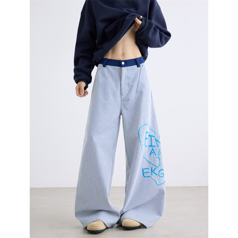 美式心形字母条纹休闲裤男女新款设计感小众阔腿裤N764-P58,男装休闲裤,星座308B-2