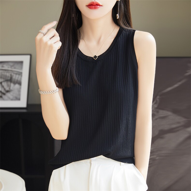 春夏圆领冰丝吊带背心女短款内搭显瘦针织衫无袖t恤气质上衣外穿，女装背心吊带，朝思羊绒