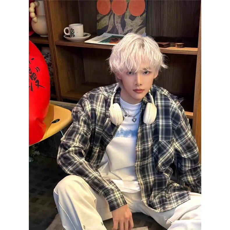 vintage格子衬衫男潮长袖美式复古防晒衬衣夏季cleanfit情侣外套,男装防晒衣,星座601-1