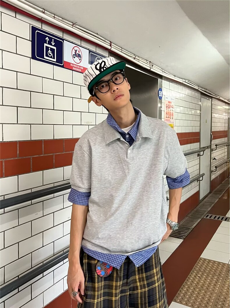 得物抖音高品质二开夏季美式潮牌高街假两件格子衬衣翻领短袖T恤,男装T恤,电商A486