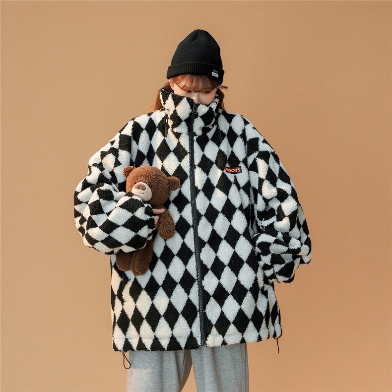 中性冬季新款加厚保暖棋盘格羊羔毛立领棉衣外套MY122P115控138,男装棉衣,A247A