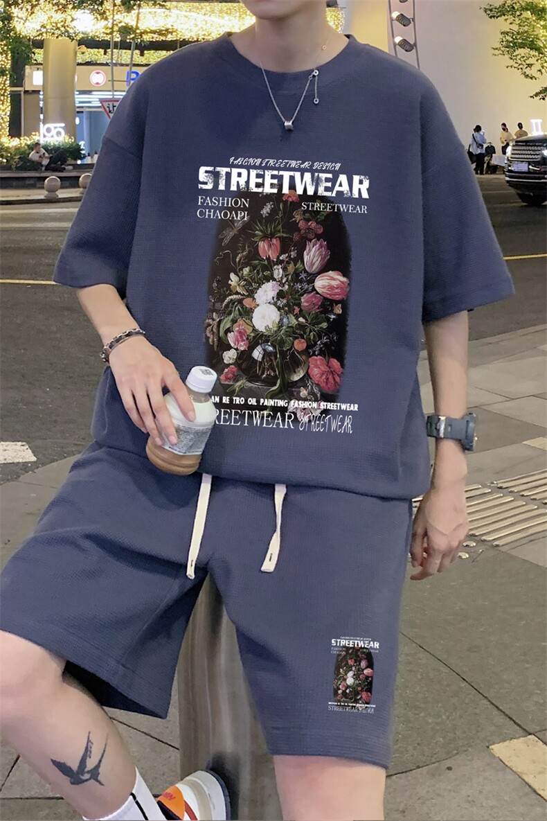 ！直播推荐款！2023夏季男士华夫格潮牌短袖T恤套装HTZ10P50,男装T恤,电商B220