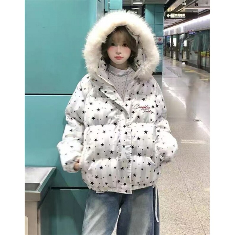 学院风美式毛领星星满印连帽面包服女座山雕棉服加厚棉袄M7843,男装棉衣,星座1116A（原606A-3）