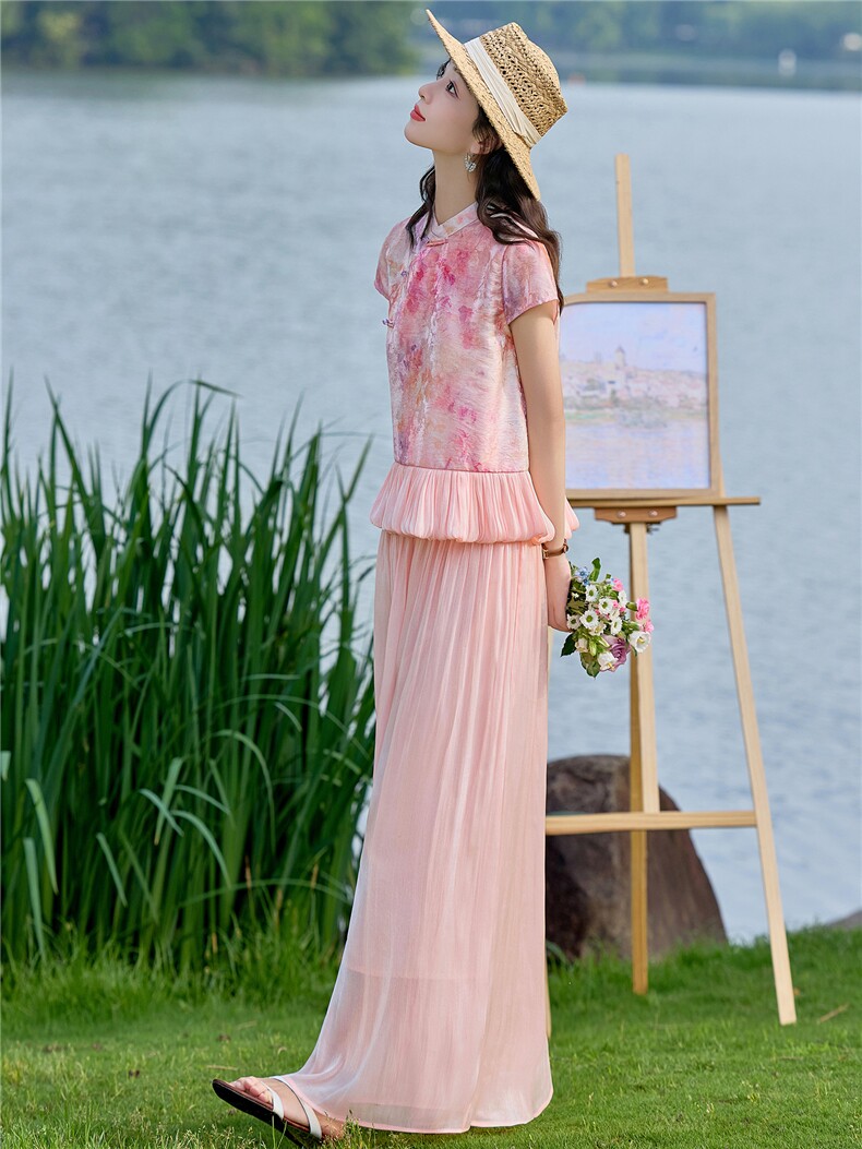 2026年夏季新款新中式印花套装女时尚小个子显瘦流光裤两件套,女装套装/套裙,众宇琦