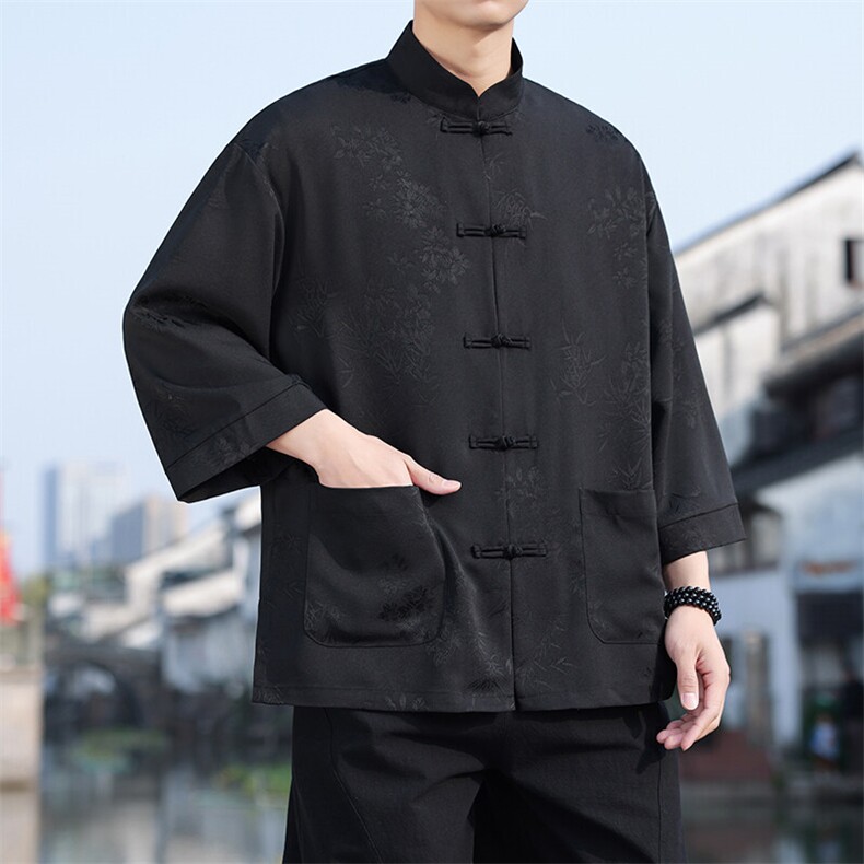 2025夏季新款男士风竹子提花衬衫宽松大码立领上衣CS2503-P70,男装衬衫,电商A008