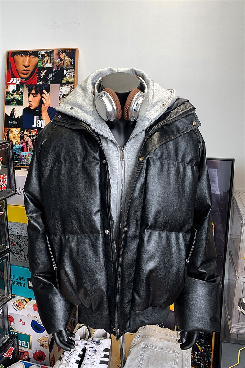 405A美式高街个性连帽设计假两件pu皮棉服MY24920-P158控188,男装棉衣,星座405A