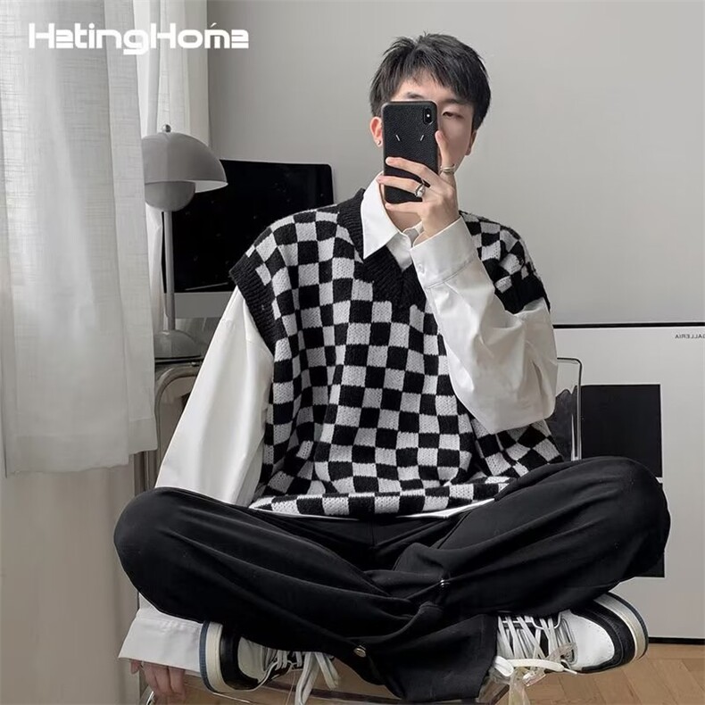 港风秋款男V领背心条纹棋盘格针织衫拼色线衣M537 P33图片
