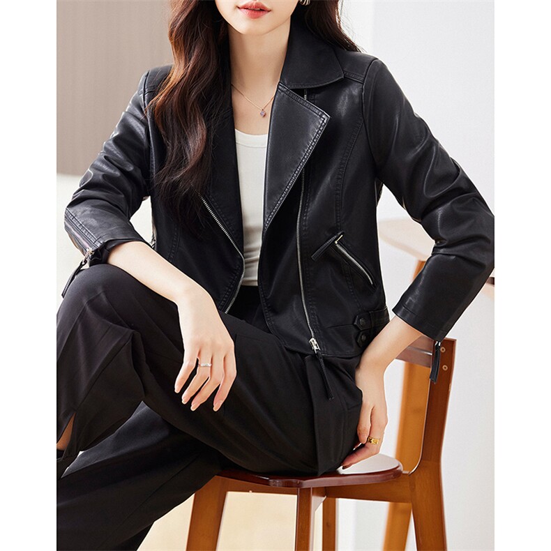 2023年春秋新款外套机车小皮衣女外套时尚收腰短款拉链pu皮夹克,女装皮衣,江南女神