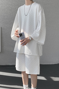 8XL-M 高级感纹理短袖套装男夏季慵懒风T恤短裤两件套TZ108P78图片