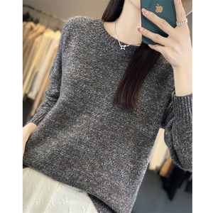 秋冬100%纯羊毛衫女圆领夹花色长袖针织毛衣宽松羊绒衫打底衫上衣图片