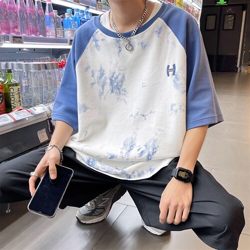新款夏季短袖珠地面料宽松刺绣印花假两件男士T恤ZDY3414-P50，男装T恤，星座717