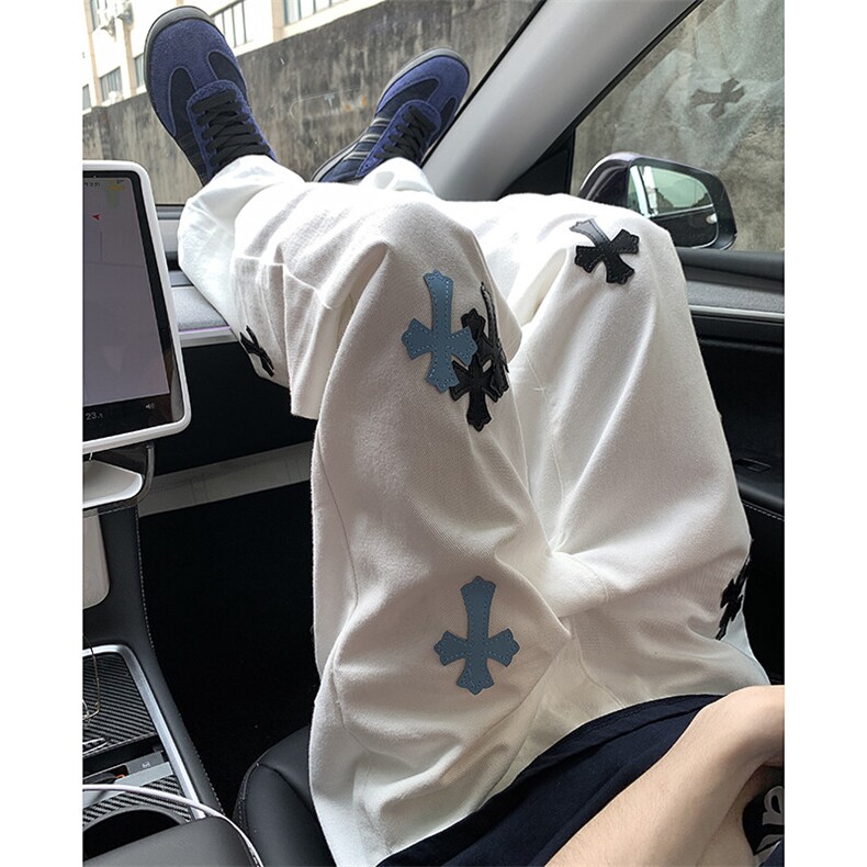韩版十字架阔腿白色牛仔裤男女夏新款显瘦百搭慵懒垂感直筒长裤图片