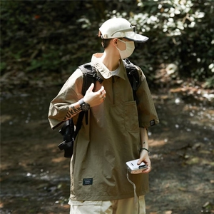 日系冰丝防水半拉链POLO领衬衫男夏季短袖T恤ins宽松休闲凉感体恤图片