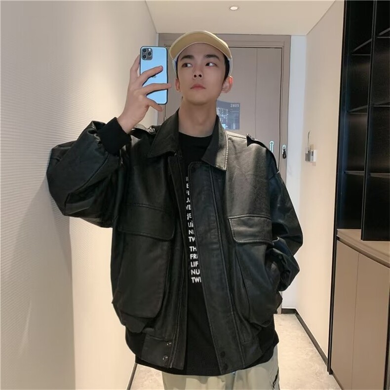 美式复古情侣装机车皮衣夹克男女春秋韩版宽松帅气外套休闲上衣潮,男装夹克,星座218-1（原230）