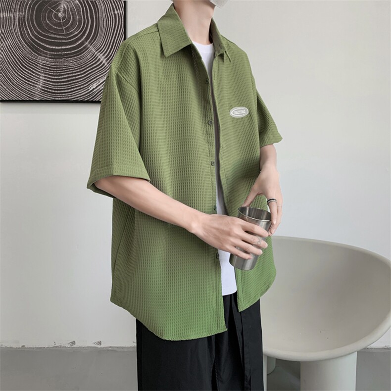 S20-P36慵懒风华夫格带项链短袖衬衫,男装衬衫,星座1501-1