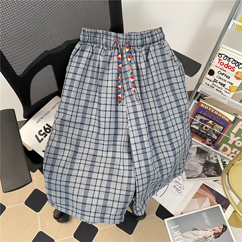 蓝灰格子休闲短裤男士韩版潮高街2024夏季新款ins五分裤K5618-P42,男装牛仔裤,星座412-3