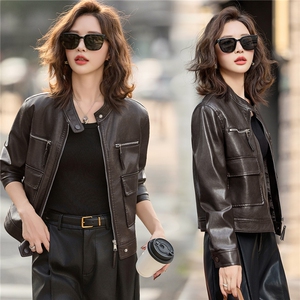 时尚小立领机车风皮衣女2025秋季新款小个子短款修身百搭夹克外套，女装皮衣，臻衣坊