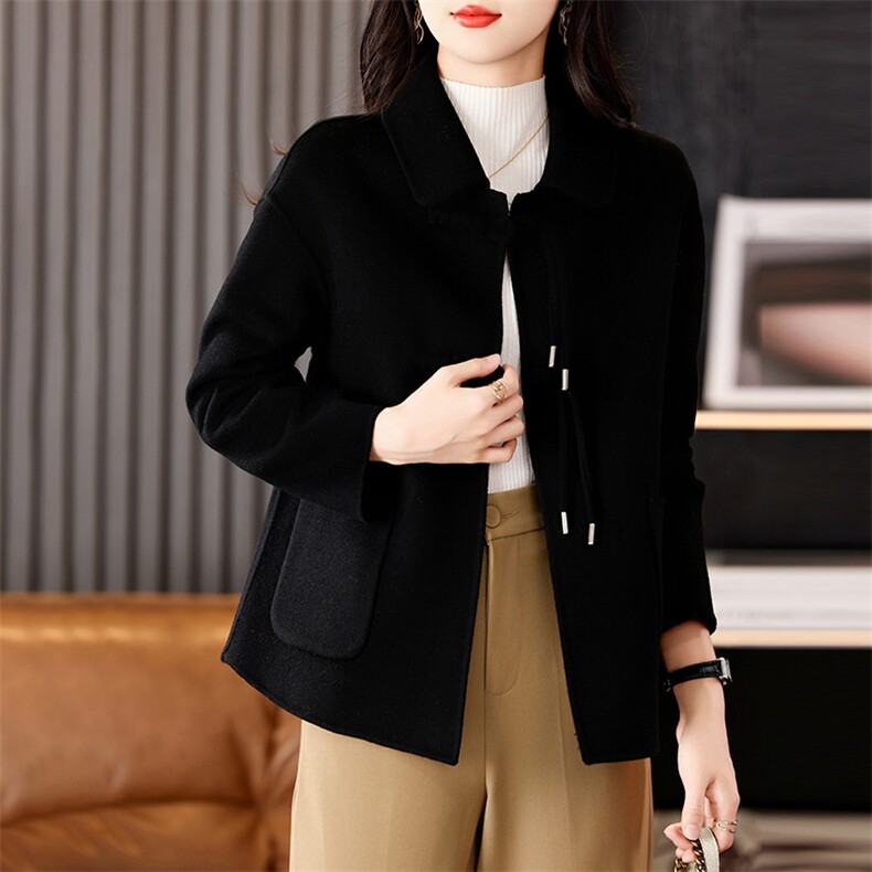 2024新中国风双面羊绒大衣女短款100羊毛娃娃领宽松加厚毛呢外套，女装双面呢大衣，贝源羊绒