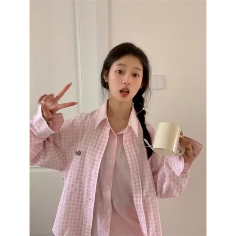 TC664-p45慵懒风粉色格子2026新款衬衫长袖外套女秋冬款,女装衬衫,星座617A-2