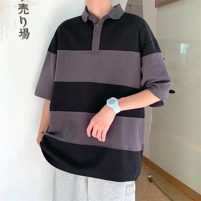 日系复古潮牌条纹POLO衫男短袖夏季宽松情侣翻领半袖保罗衫潮,男装Polo衫,星座506