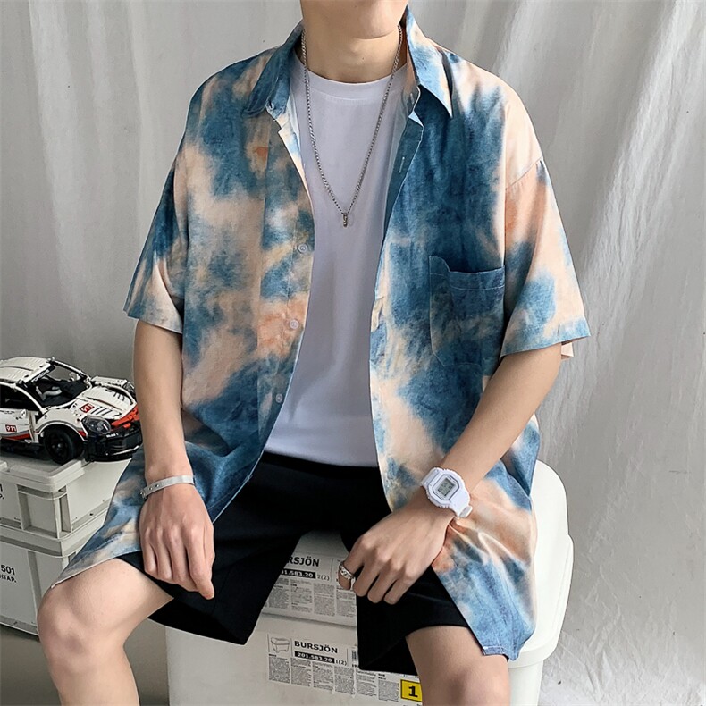 特P29控58夏季冰丝港风男宽松版扎染短袖衬衫CS11,男装衬衫,电商B370