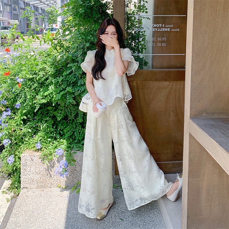 新款雕花阔腿裤新中式两件套,女装套装/套裙,2C010