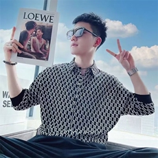 薄款冰丝拼接格子衬衫男士夏季修身痞帅翻领五分袖衬衣CS111，男装衬衫，星座1116A-2（原606A-1）