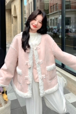粉色羊羔毛外套女冬季2025年新款韩系超好看加厚保暖皮毛一体上衣，女装棉衣/棉服，2C007