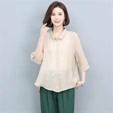 高端苎麻衬衫女夏季2024新款棉麻风上衣中年妈妈洋气减龄漂亮小衫，女装衬衫，奕阳依阁