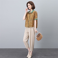 夏季冰丝棉麻套装女夏装2024新款妈妈洋气时尚休闲亚麻两件套，女装套装/套裙，依恋蒂丝