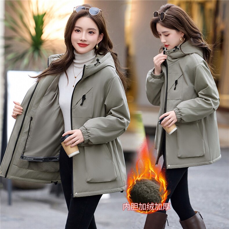 现货2025年冬季连帽加绒加厚女派克服冲锋衣,女装派克服,木橙西子