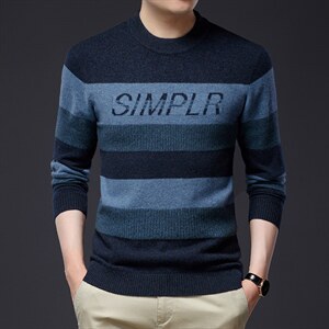 秋冬季新款100羊毛毛衣潮流休闲条纹针织衫套头打底衫DDD259-P185，男装针织衫/毛衣，电商B212（原钱塘6029）