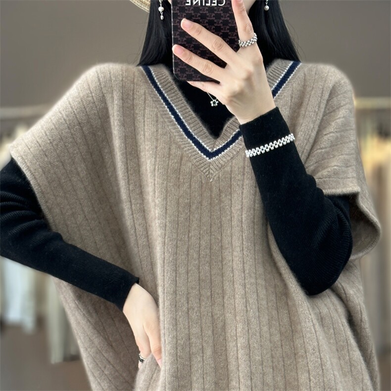 100%羊毛衫马甲背心女秋冬新款V领宽松拼色无袖毛衣羊绒针织坎肩,女装马甲,琳华羊绒