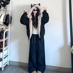 现货重磅硬挺boxy羽绒棉衣座山雕猫耳大毛毛领麂皮棉服冬外套图片
