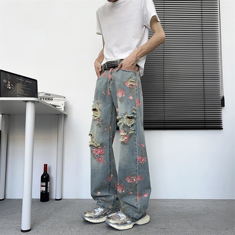 满印玫瑰花朵牛仔裤男款美式复古裤子慵懒风阔腿微喇裤NZ729-P48,男装牛仔裤,星座308B-1