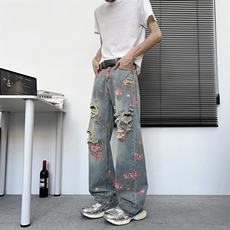 满印玫瑰花朵牛仔裤男款美式复古裤子慵懒风阔腿微喇裤NZ729-P48，男装牛仔裤，星座308B-1