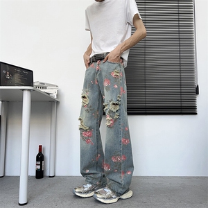 满印玫瑰花朵牛仔裤男款美式复古裤子慵懒风阔腿微喇裤NZ729-P48图片
