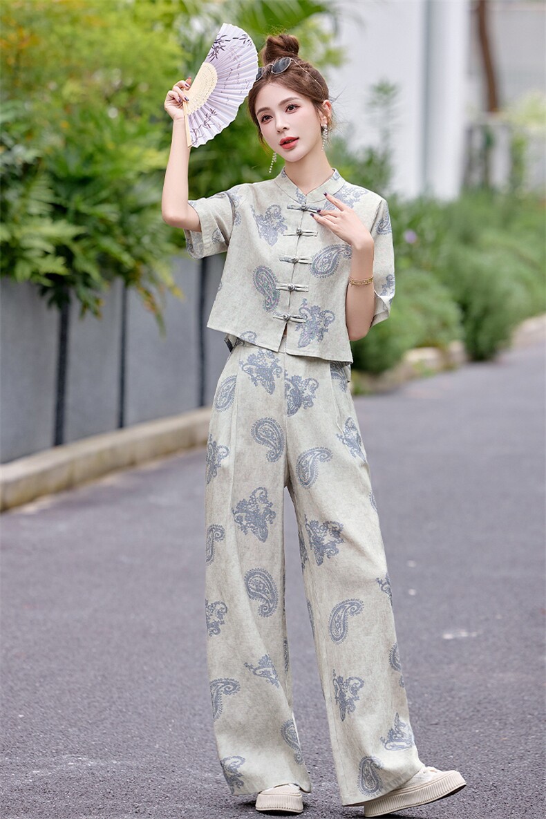 新中式套装女2025新款夏季显瘦复古印花盘扣衬衫阔腿裤两件套,女装套装/套裙,关键词