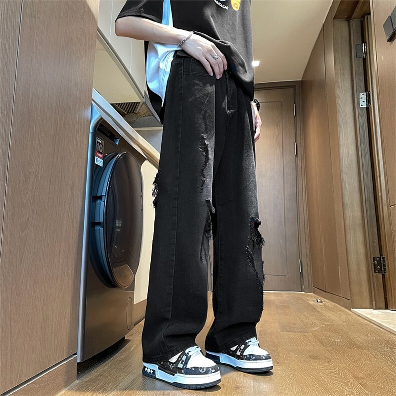 夏季美式潮牌破洞牛仔裤男款复古水洗宽松百搭裤子,男装牛仔裤,星座410-6（原星座1304-1）