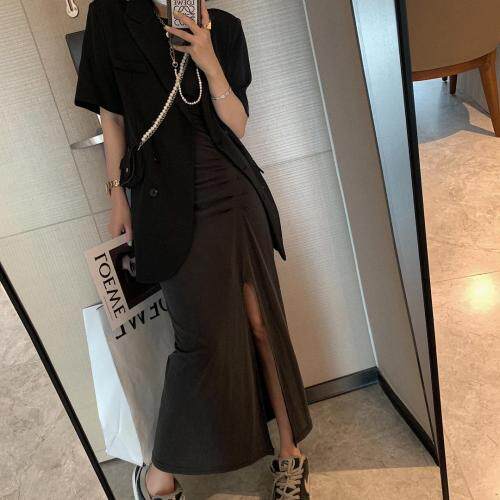 褶皱铜氨开叉裙，女装，XTZ style