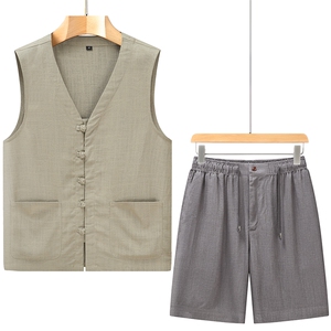 夏季休闲无袖马甲五分短裤风棉麻唐装男套装556808-P105图片