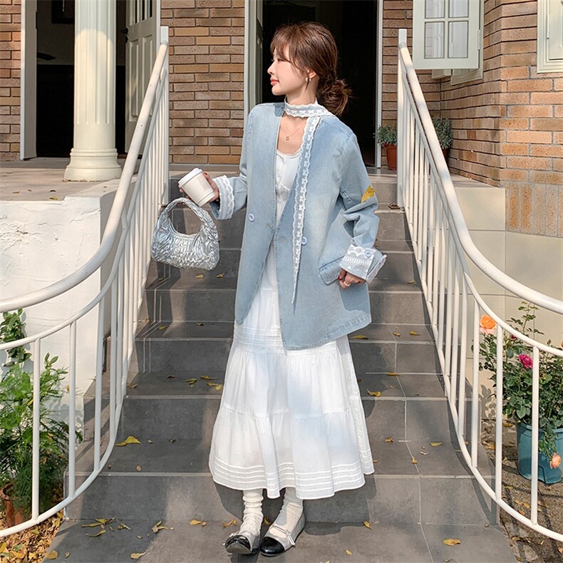 现货蕾丝拼接牛仔西装2531P145控218,女装短外套,2C201