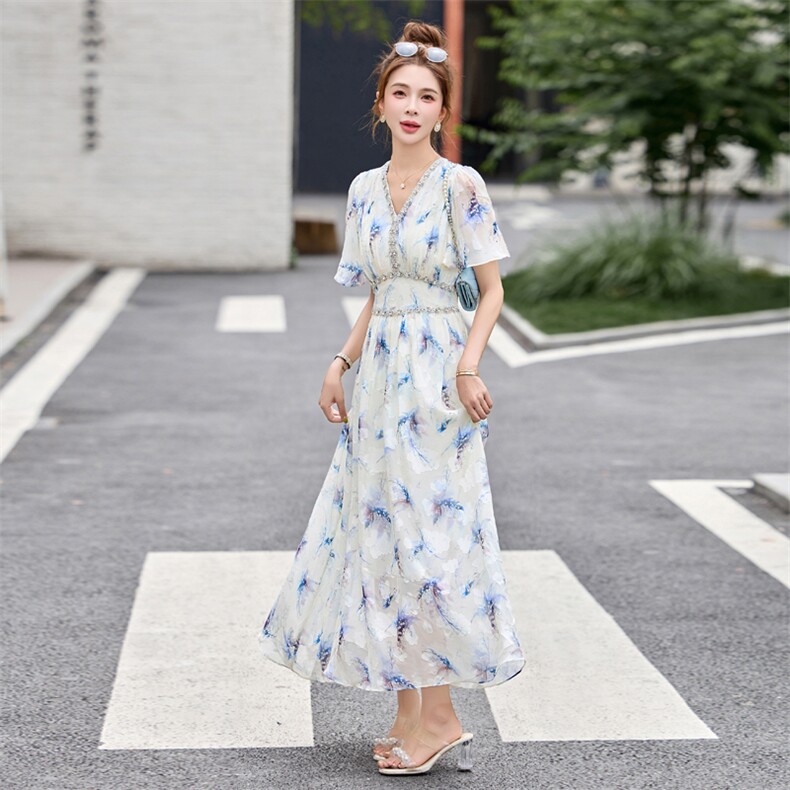 法式印花短袖连衣裙女2025夏季新款收腰显瘦优雅镶钻拼接v领长裙,女装连衣裙,辉煌依升