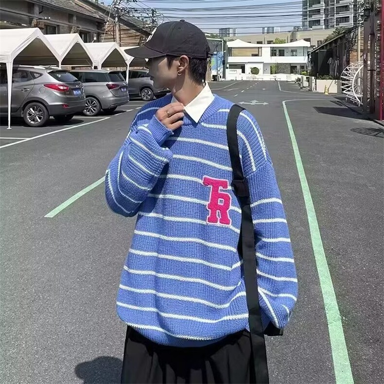 秋冬韩系慵懒风撞色条纹针织衫男女宽松M5521-P43,男装针织衫/毛衣,星座1109-3