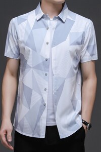 2023夏季新款印花短袖衬衫男装时尚百搭潮流中年男士免烫抗皱衬衣图片