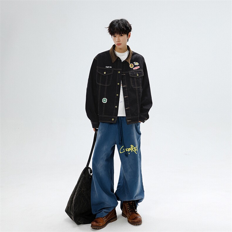 美式复古翻领牛仔夹克男女情侣街头上衣休闲外套JK08646-P75，男装工装外套，星座308B-2