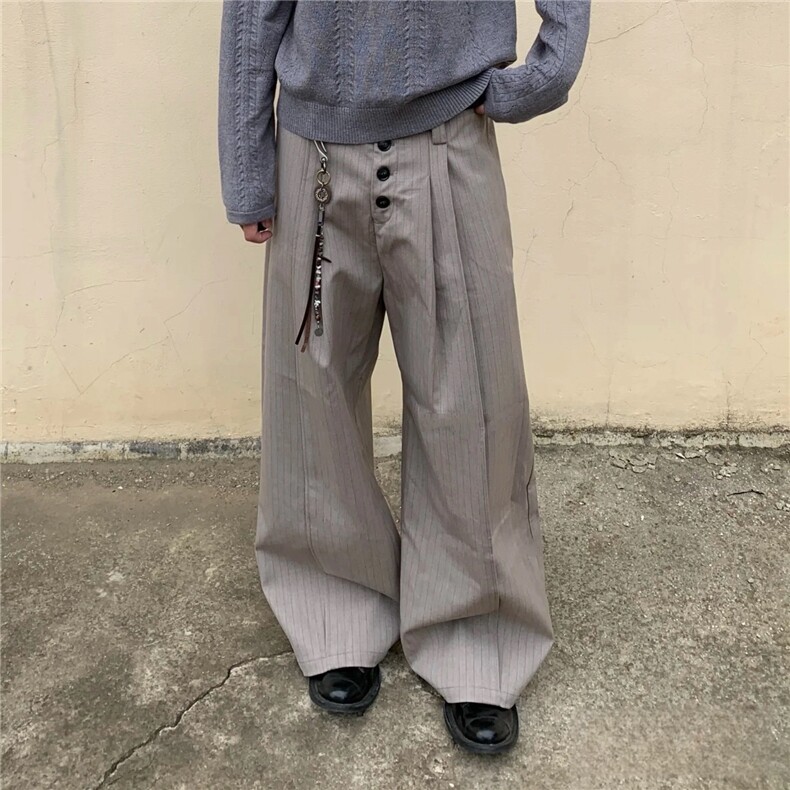 IWTFF条纹排扣西裤TR混纺垂感休闲裤春秋cleanfit直筒阔腿A字长裤,男装西裤,星座506A