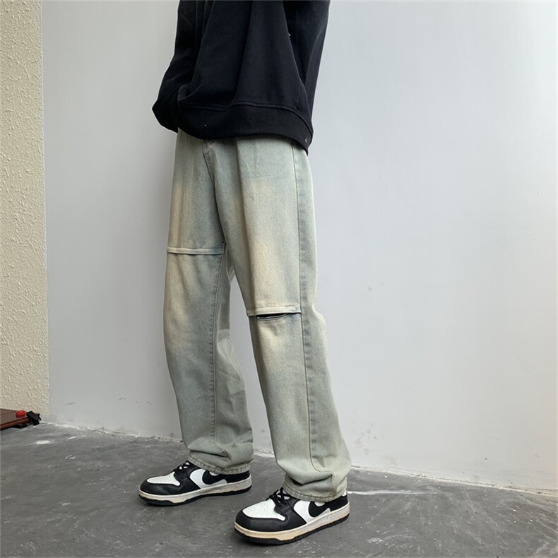复古美式破洞牛仔裤男拉链阔腿休闲长裤子N0920-P45,男装牛仔裤,星座308B-1