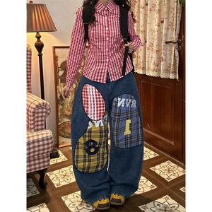 美式复古格子贴布刺绣水洗牛仔裤男女潮弯刀裤 S1014 P55图片
